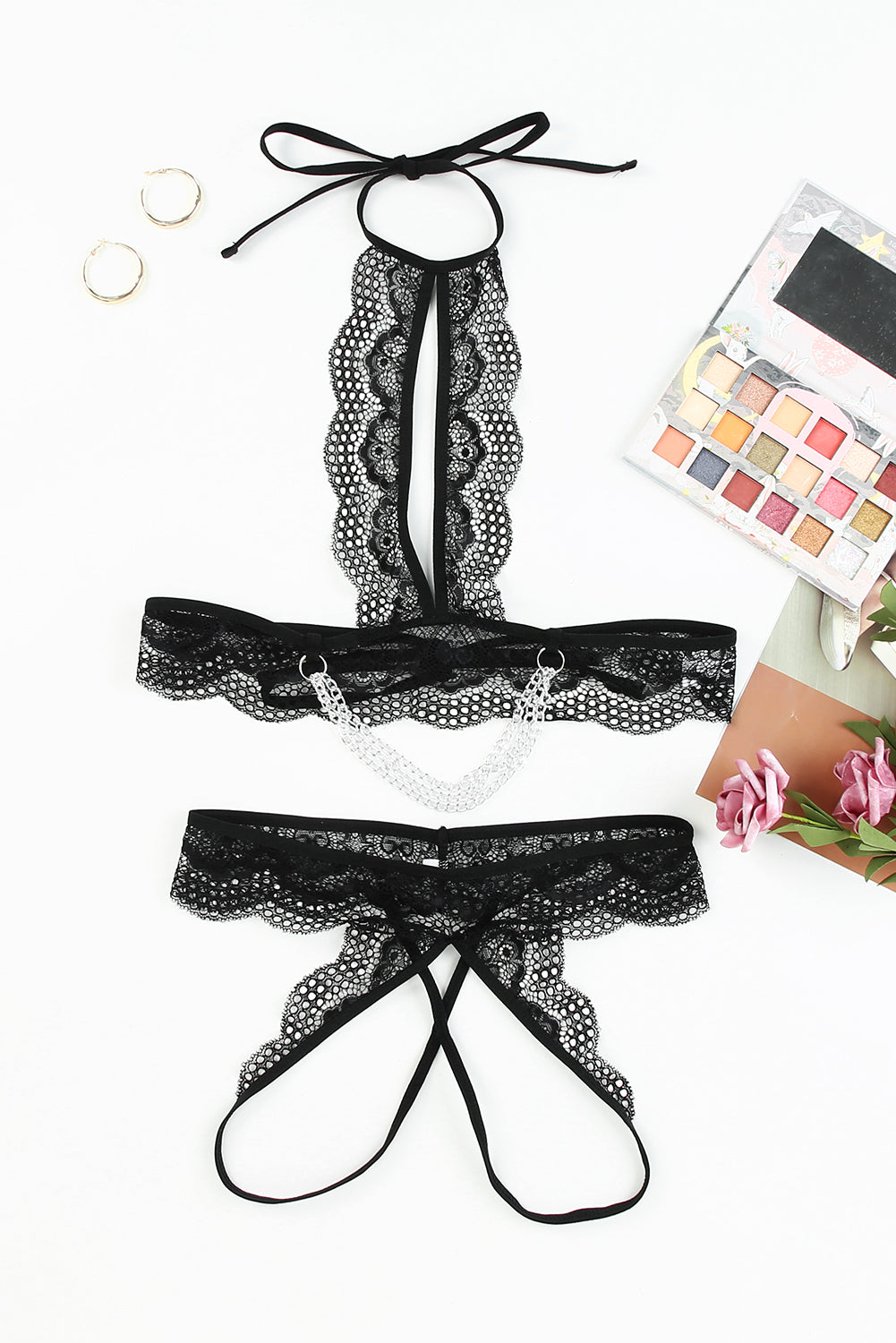 SeduxLuxe 2pcs Lace Open Cut Chain Decoration Lingerie Set