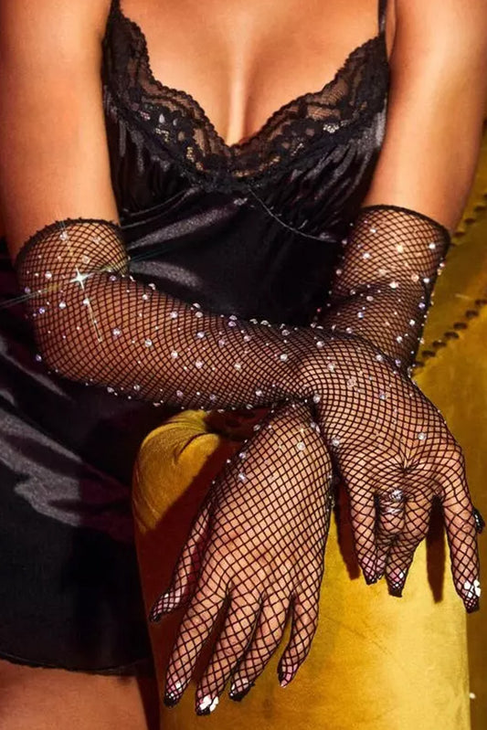 Rhinestone Décor Elbow Fishnet Gloves