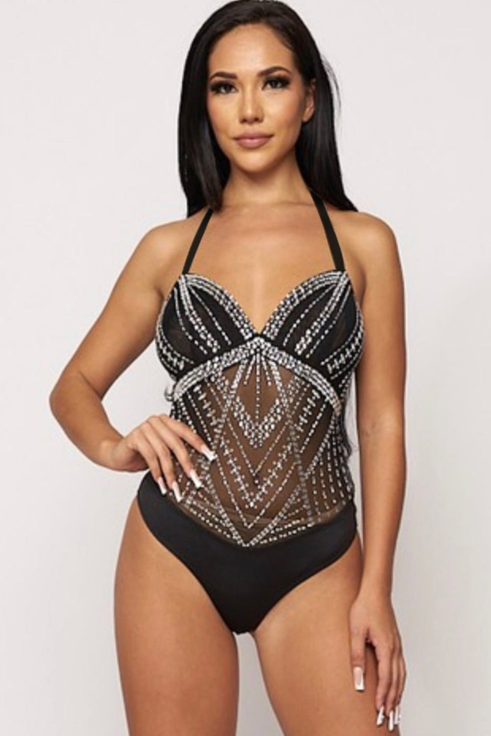 SeduxLuxe High Neck Sleeveless Diamante Bodysuit: Embrace the Night