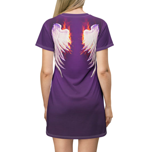 Fierce Flames Angel Wings T-Shirt Dress - Purple Passion