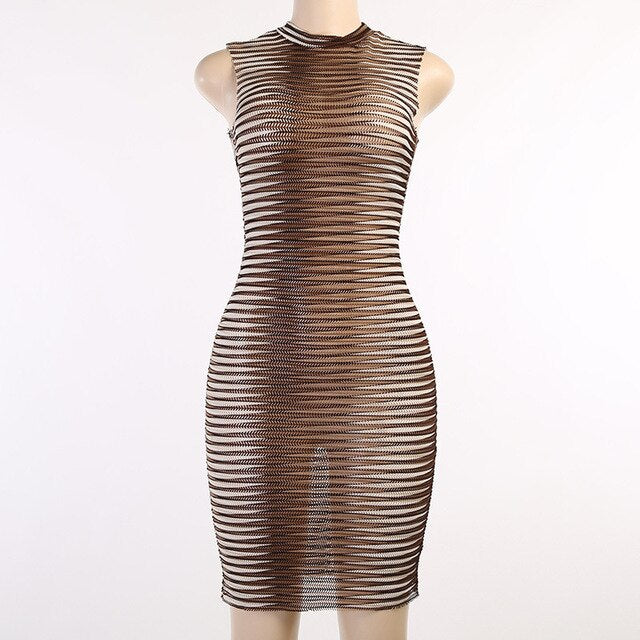 Stripe Printed O-neck Party Mini Dress Clubwear