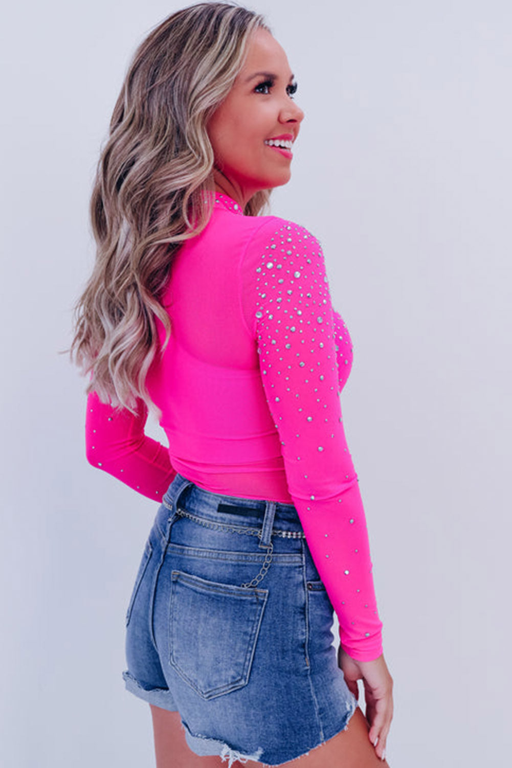 Rose Pink Rhinestone Mesh Long Sleeve Bodysuit