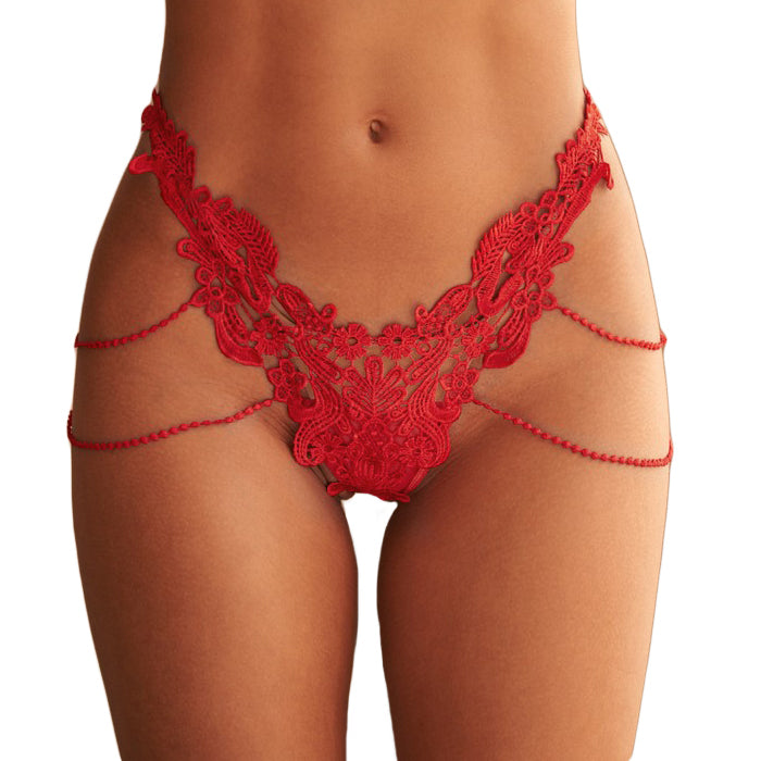 SeduxLuxe Beaded Chains Embroidered Lace Thong