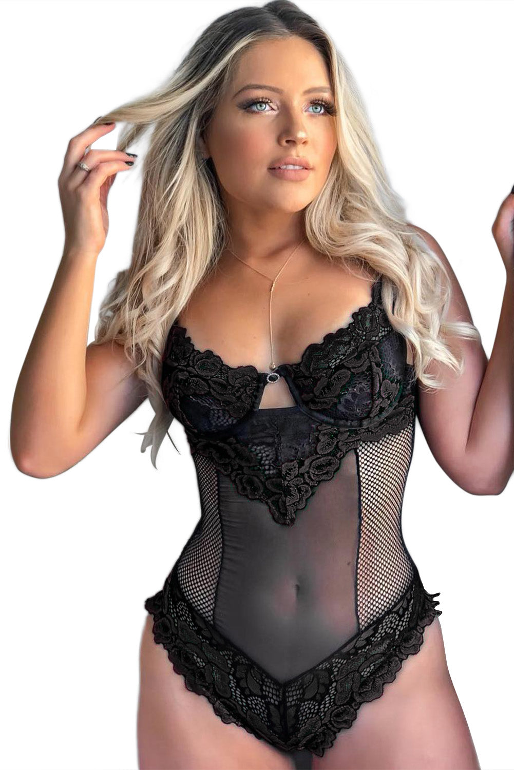 Black Mesh Sheer Lace Crochet Patchwork Sleeveless Teddy Lingerie