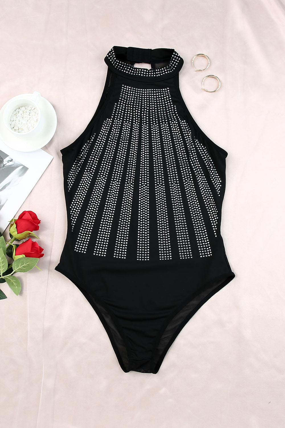 SeduxLuxe High Neck Sleeveless Diamante Bodysuit: Embrace the Night