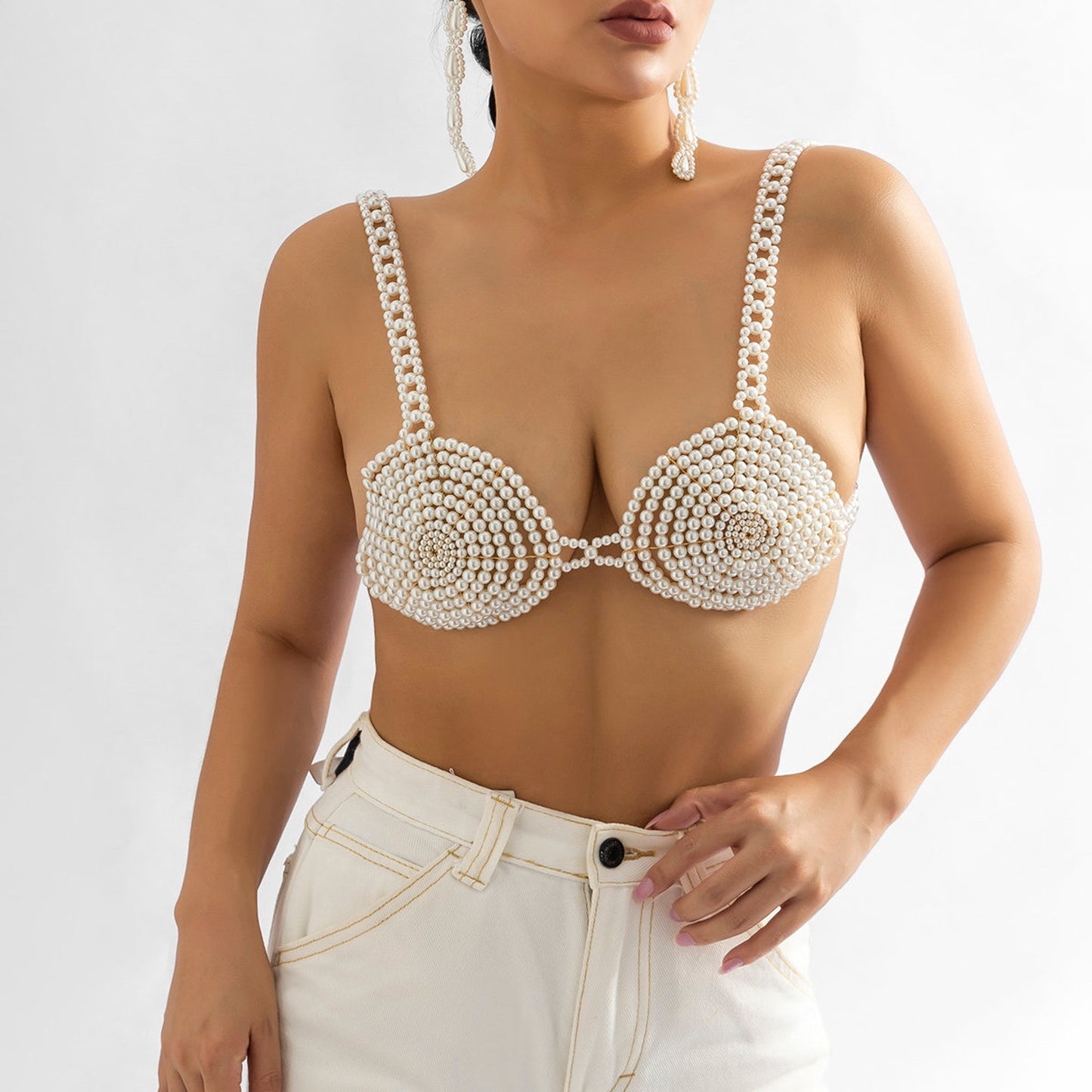 SeduxLuxe White Beaded Pearl Body Chain Bra Bikini