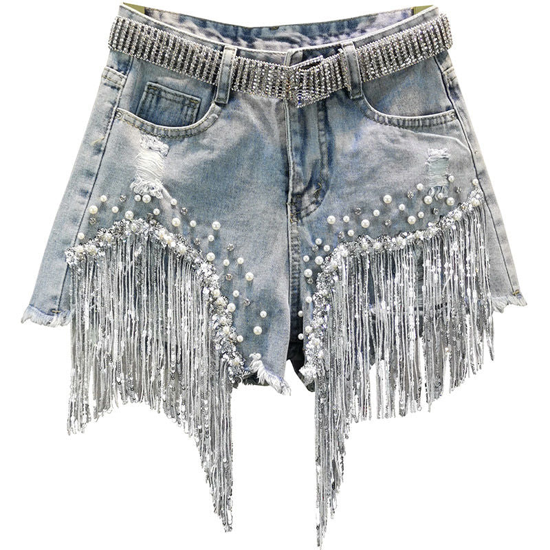 Tassel Beading Denim Shorts